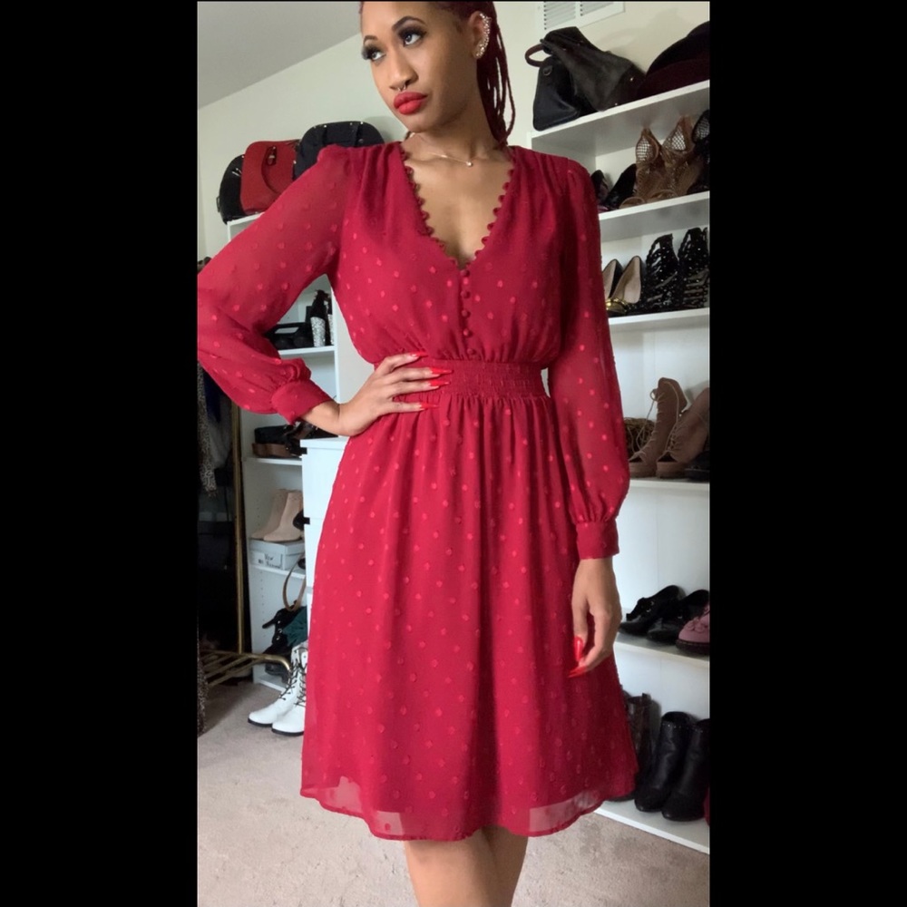 Express V Neck Long Sleeve Polka Dot Dress